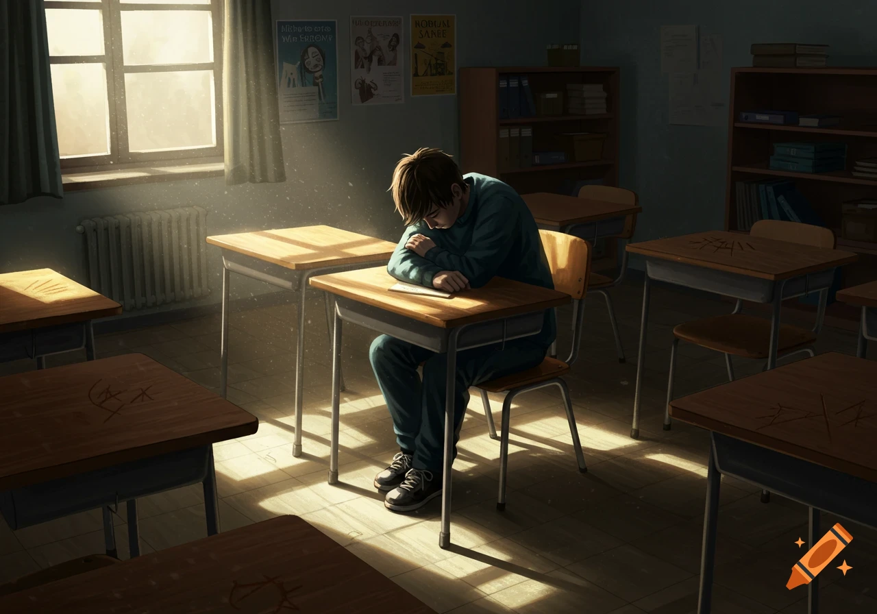 A sad-looking anime student sits alone at a desk in a sunlit classroom.