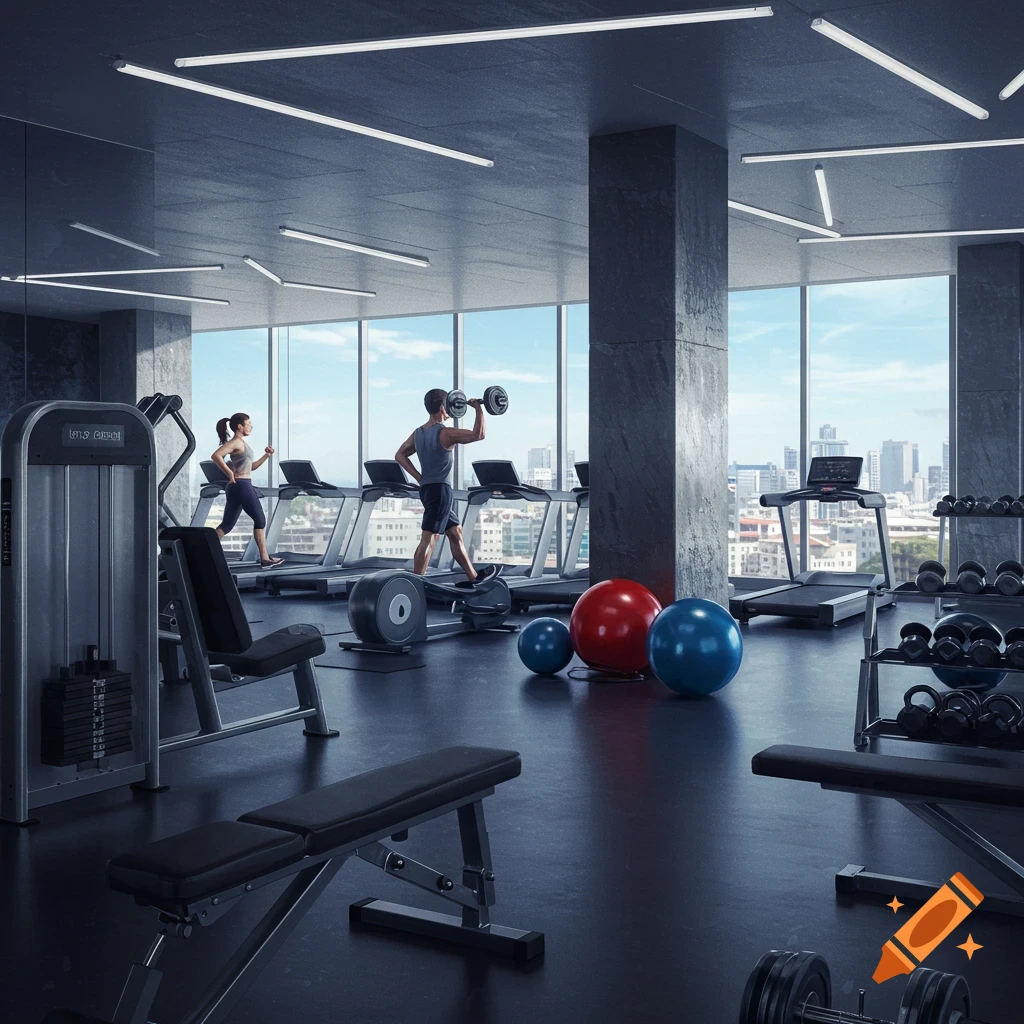 Photorealistic image of a modern gym with a man lifting weights and a woman on a treadmill, overlooking a city skyline.