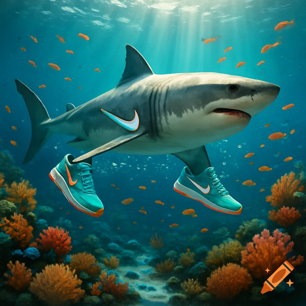 A great white shark wearing blue and orange Nike sneakers swims above a colorful coral reef in a vibrant underwater scene.