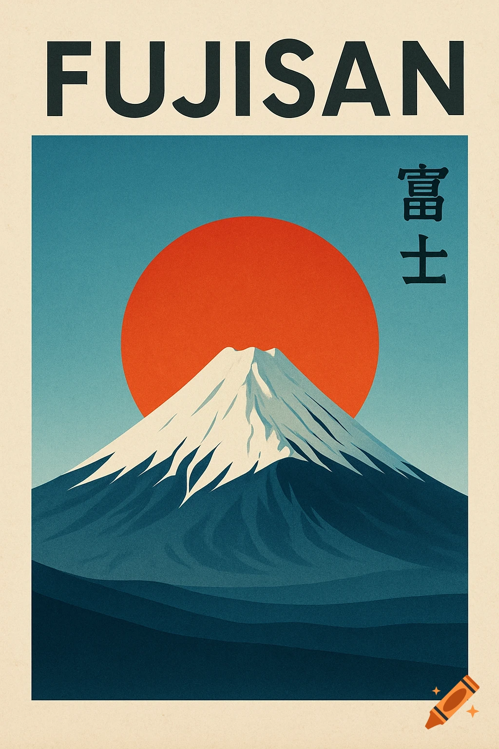 Minimalist Japanese poster of Mount Fuji with a large red sun, dark blue foreground, and "FUJISAN" text at the top.