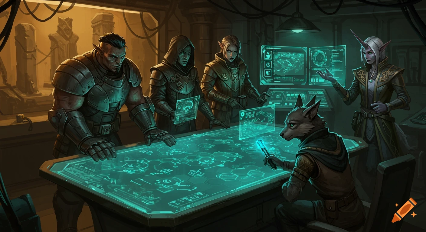 A diverse team of sci-fantasy mercenaries, including an orc, elves, a hooded human, a wolf-like creature, and a unicorn-horned mage, plan a mission around a glowing holographic tactical table in a dimly lit command room. Painterly illustrated style.