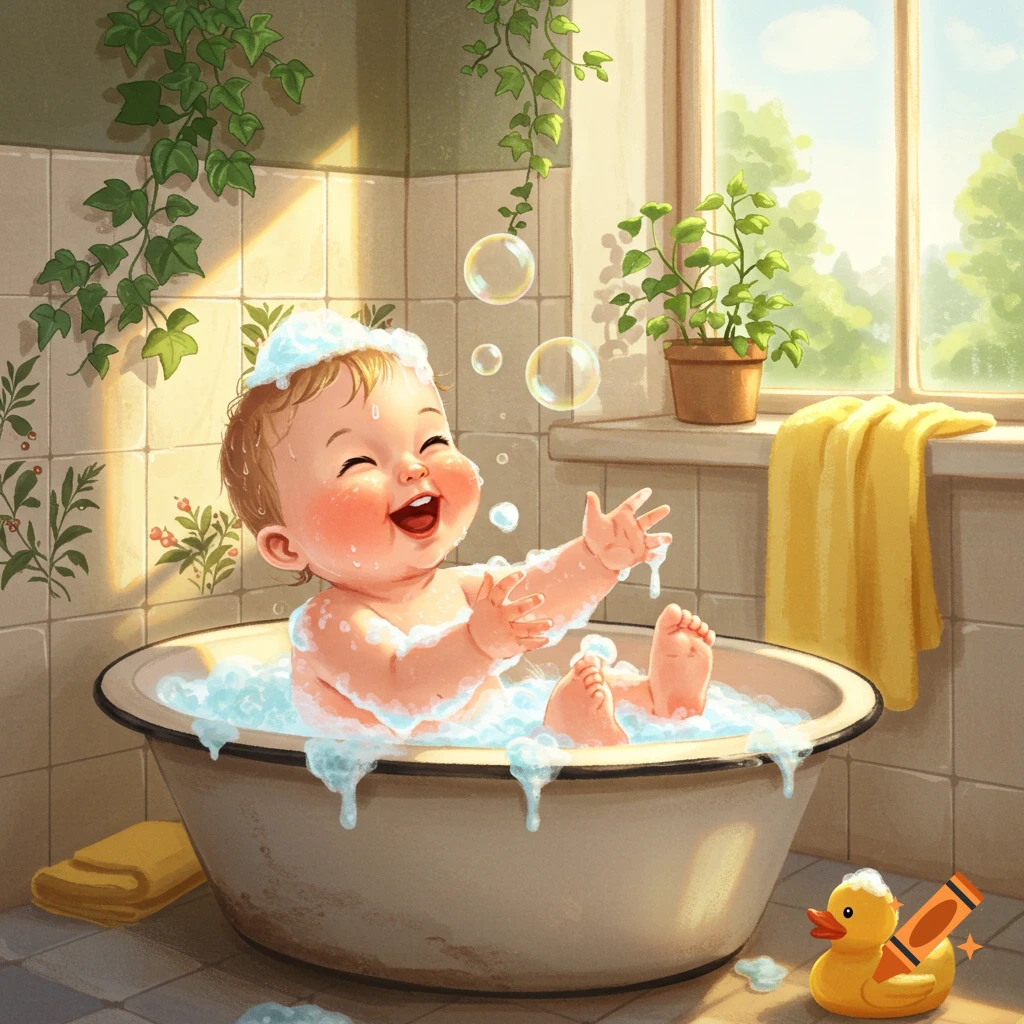 An adorable, happy baby with rosy cheeks laughs joyfully while taking a bubble bath in a tub, with a rubber duck nearby in a bright, illustrative style.