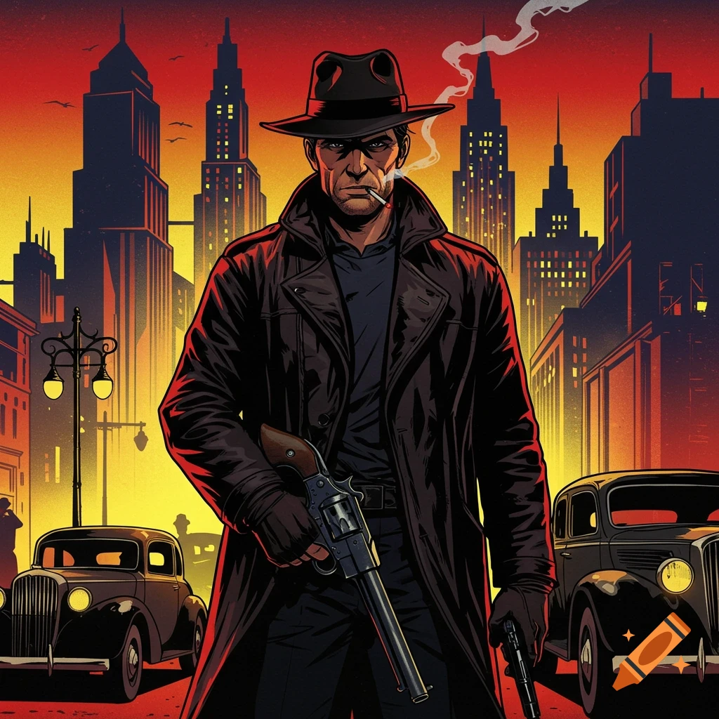 A man in a trench coat and fedora, smoking, holding a revolver, stands in a stylized city street with classic cars in a noir comic art style.
