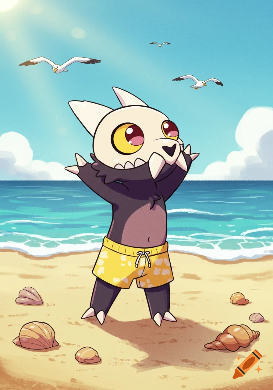 Cartoon character King from The Owl House standing on a sunny beach in yellow swimming trunks, with seashells and seagulls.