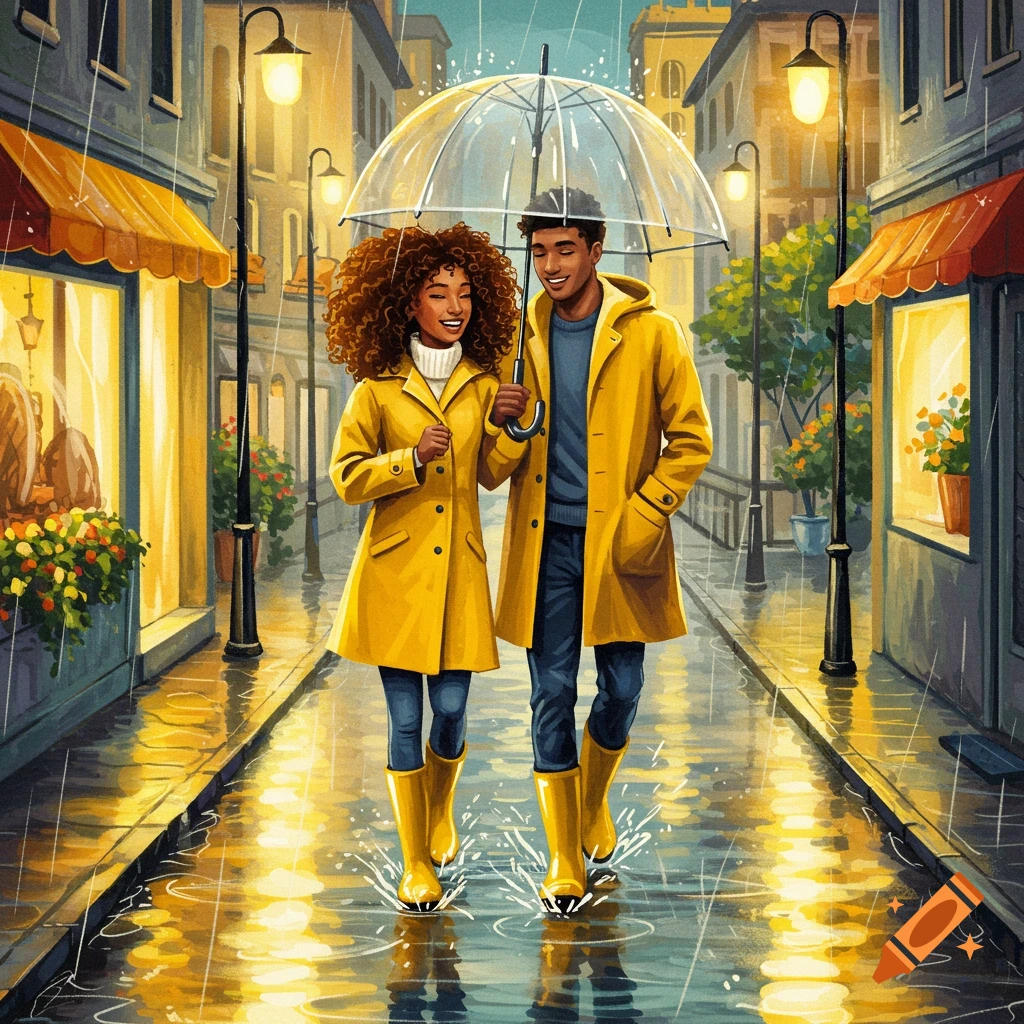 An illustration of a smiling couple in yellow raincoats and boots ...