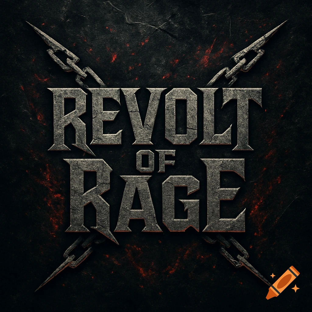Grungy 'Revolt of Rage' band logo with textured gray letters and crossed spiked chains on a dark, cracked background.
