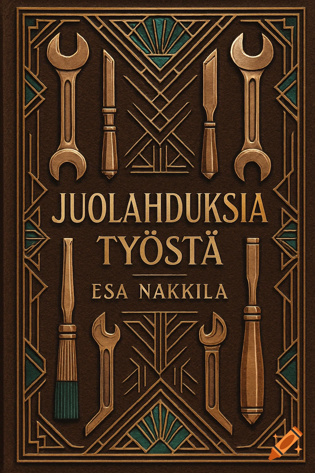 Art Deco style book cover with gold tools and teal accents on a brown background, featuring the title 'Juolahduksia työstä' and author 'Esa Nakkila'.