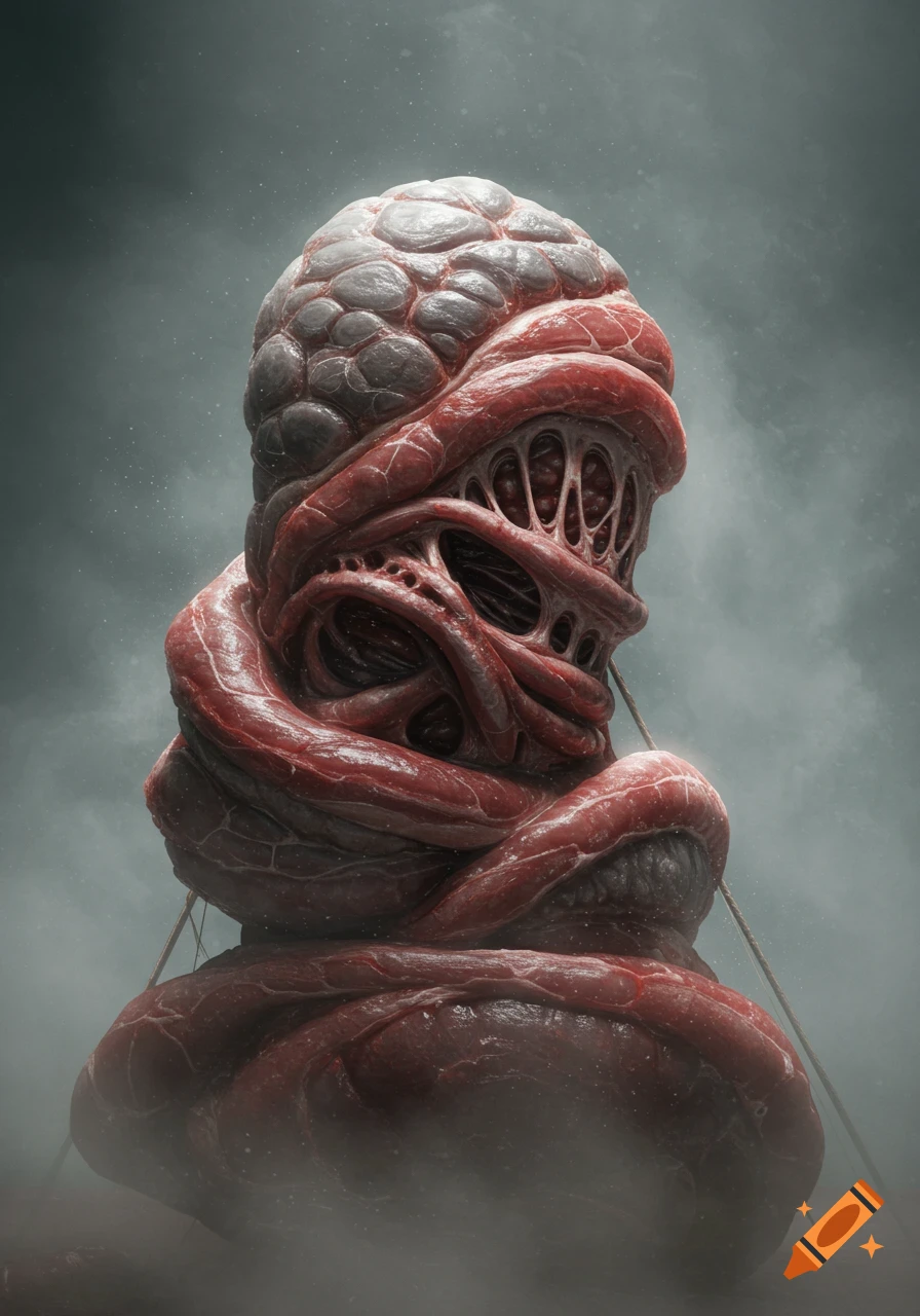 A grotesque, fleshy creature with bulbous grey parts and red, folded, veined skin, featuring numerous orifices, stands in a misty environment.