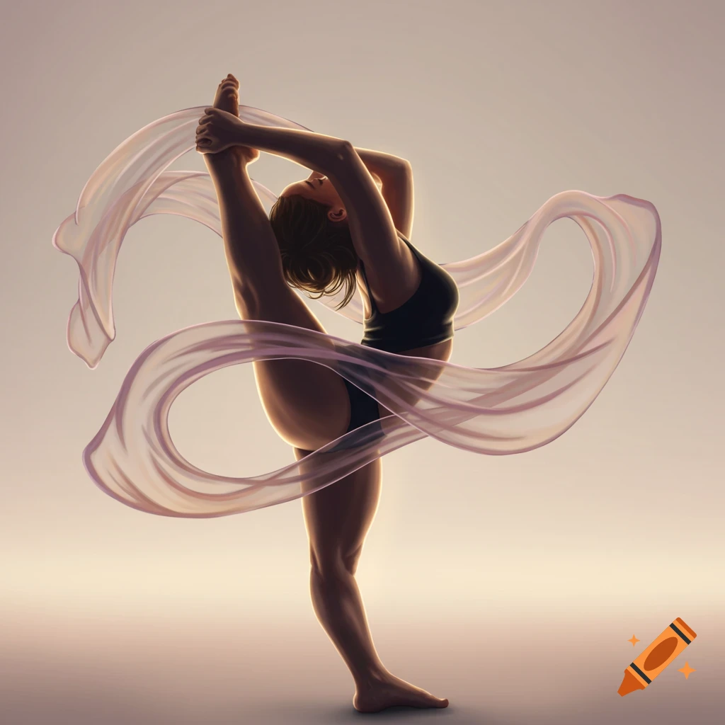 A dancer in a sports bra and briefs performs a high leg extension pose, holding her foot with flowing sheer fabric.