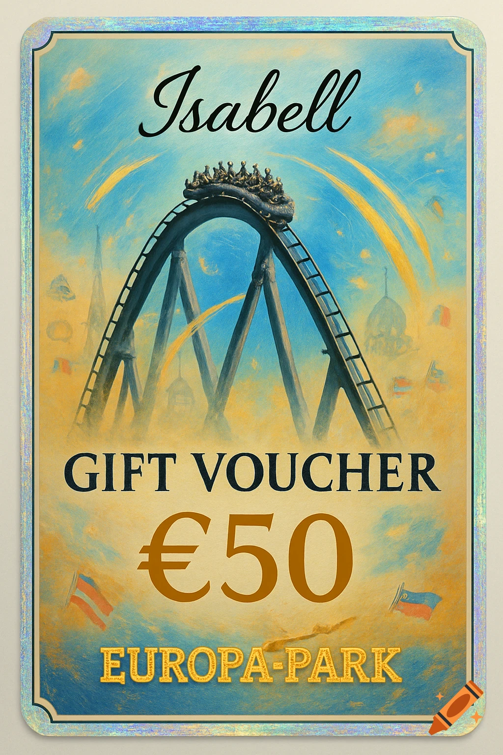A stylized gift voucher for Europa-Park with a rollercoaster, featuring the name Isabell, 'GIFT VOUCHER', '€50', and 'EUROPA-PARK' text.