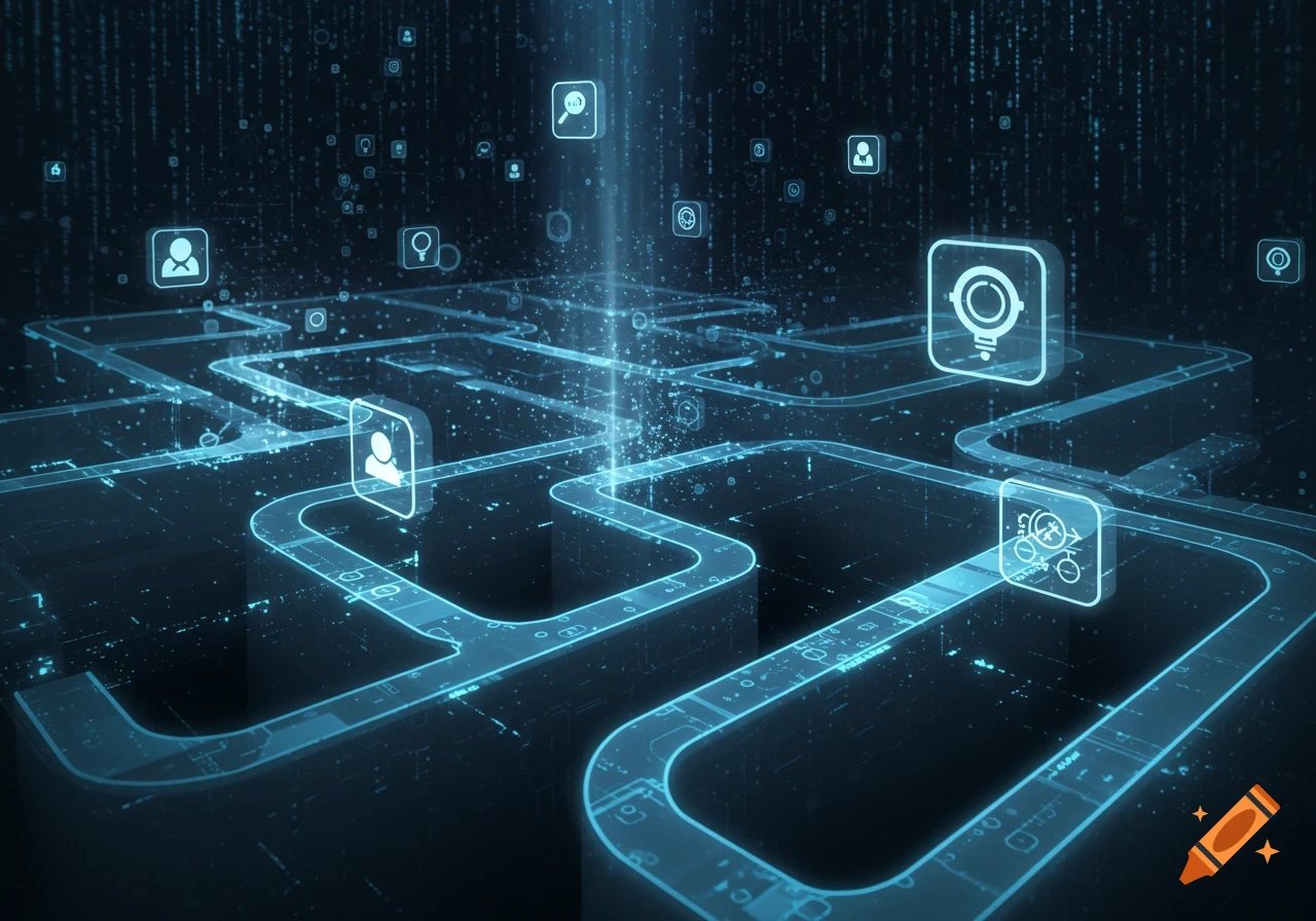 Glowing blue network pathways and abstract digital icons float above a ...