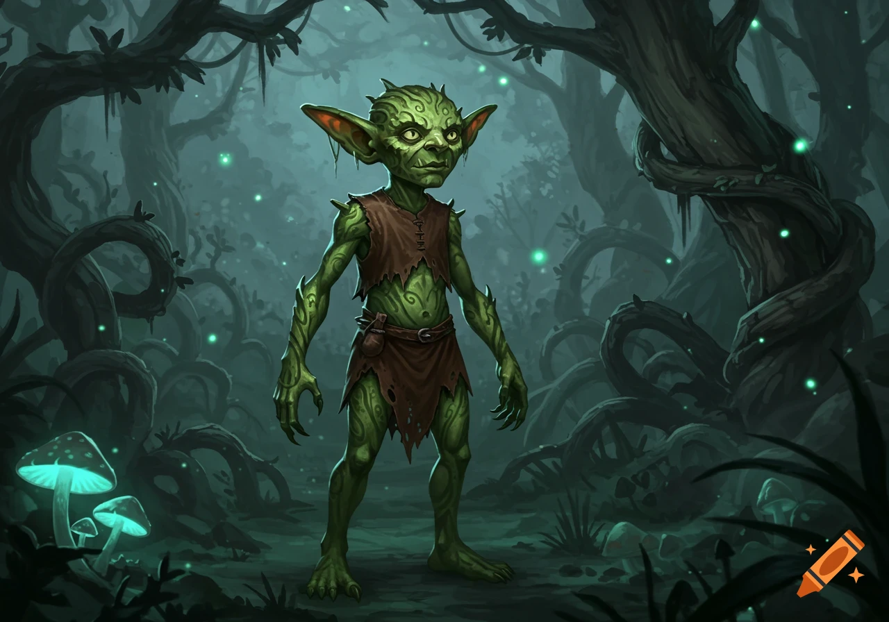 A green goblin with large ears and yellow eyes stands in a dark, misty fantasy forest with glowing mushrooms and fireflies.