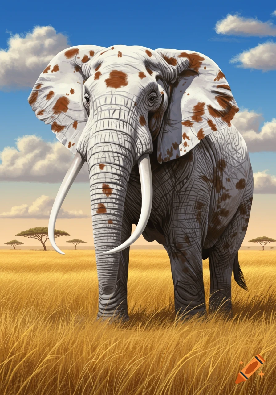 Illustrative painting of a piebald elephant with white and brown spots standing in a golden savanna under a blue sky.