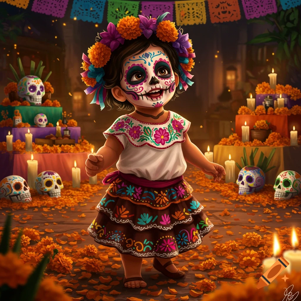 Smiling toddler with sugar skull face paint and flower crown celebrating Dia de los Muertos amidst marigolds and candles.