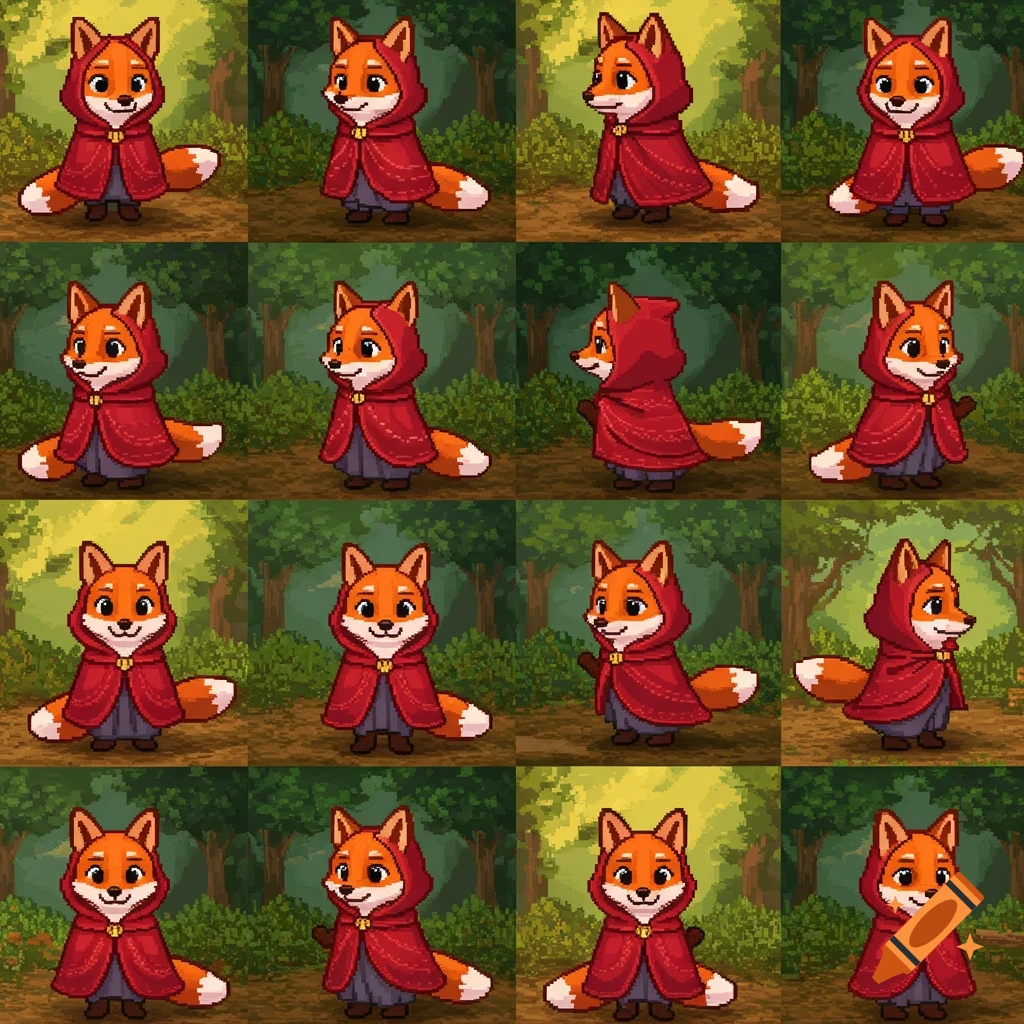 A grid of cute pixel art sprites featuring a red fox wearing a red cloak in a forest setting.
