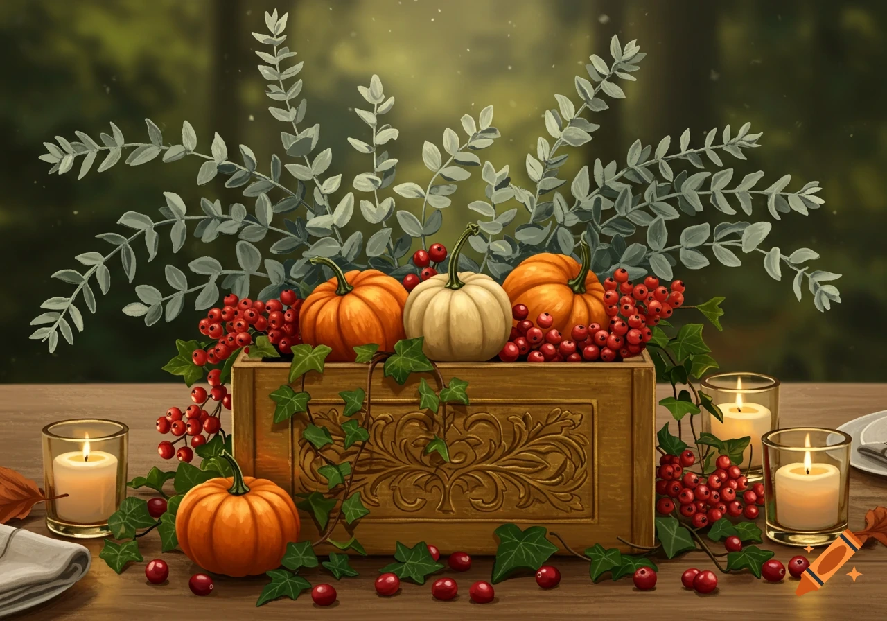 A festive Thanksgiving centerpiece with orange and white pumpkins, red berries, green foliage, and lit candles on a wooden table.