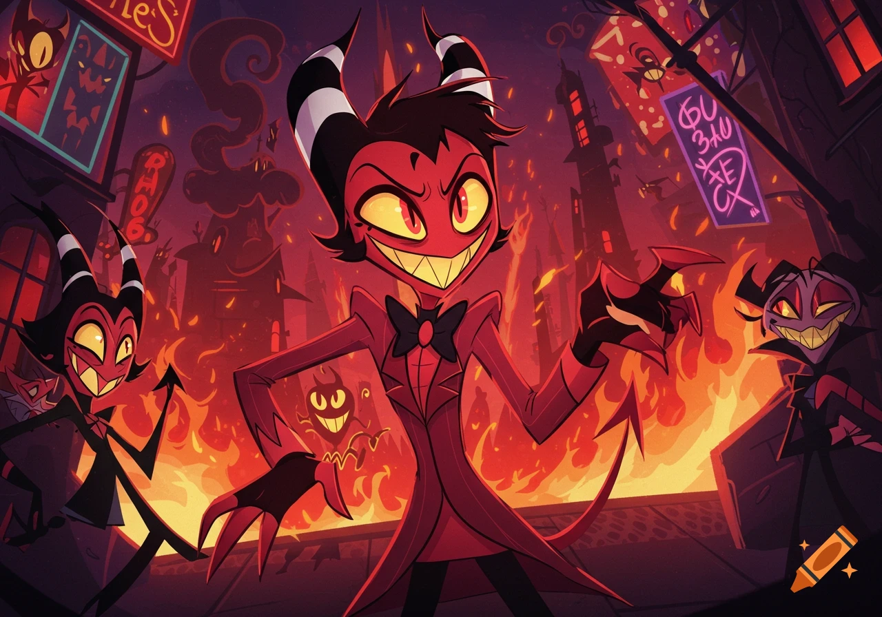Cartoon illustration of red demons with horns and sharp teeth in a fiery, hellish city at night.