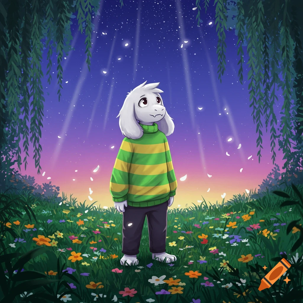 Asriel Dreemurr from Undertale, a goat-like character in a green and yellow sweater, stands in a field of flowers under a starry night.
