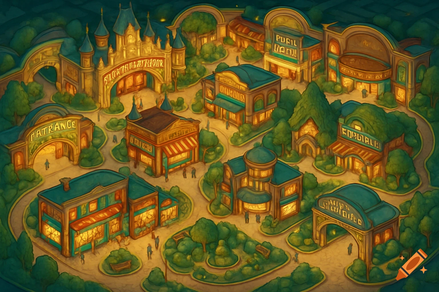 An isometric map of a stylized indoor theme park with various buildings, shops, and trees under a dark sky, illuminated by warm lights.