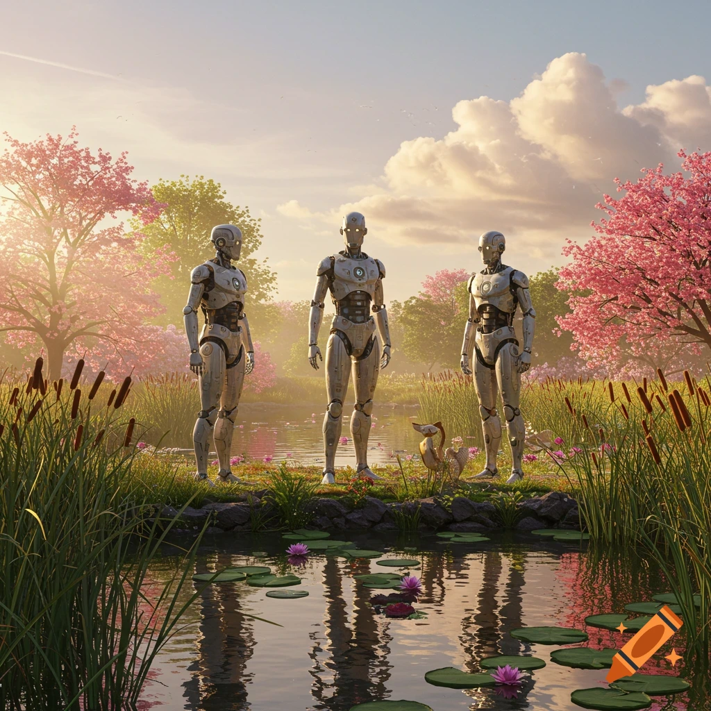 Three humanoid robots stand by a pond with lily pads and cherry blossom trees in a vibrant spring landscape.