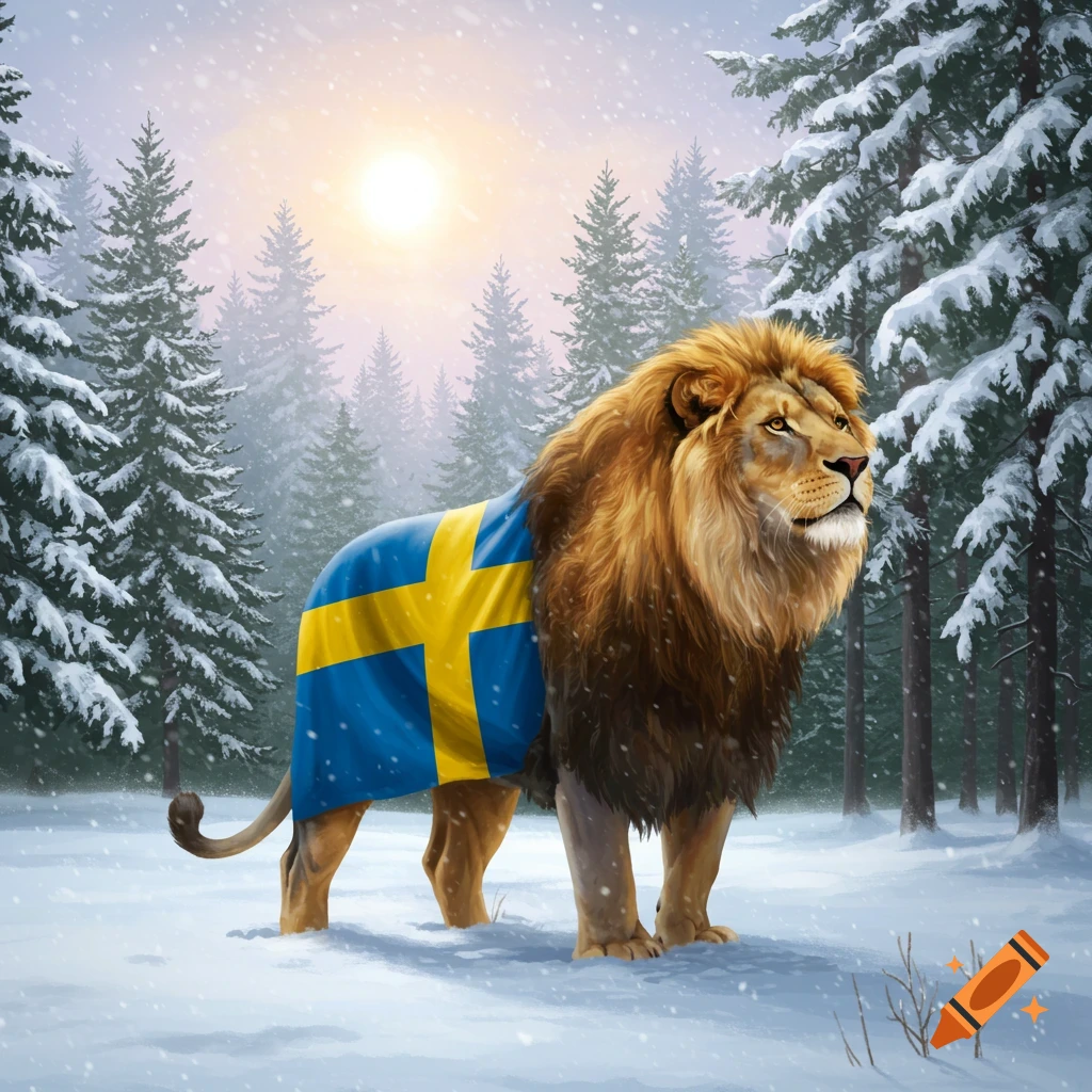 A majestic lion draped with a Swedish flag stands in a snowy forest with the sun shining.