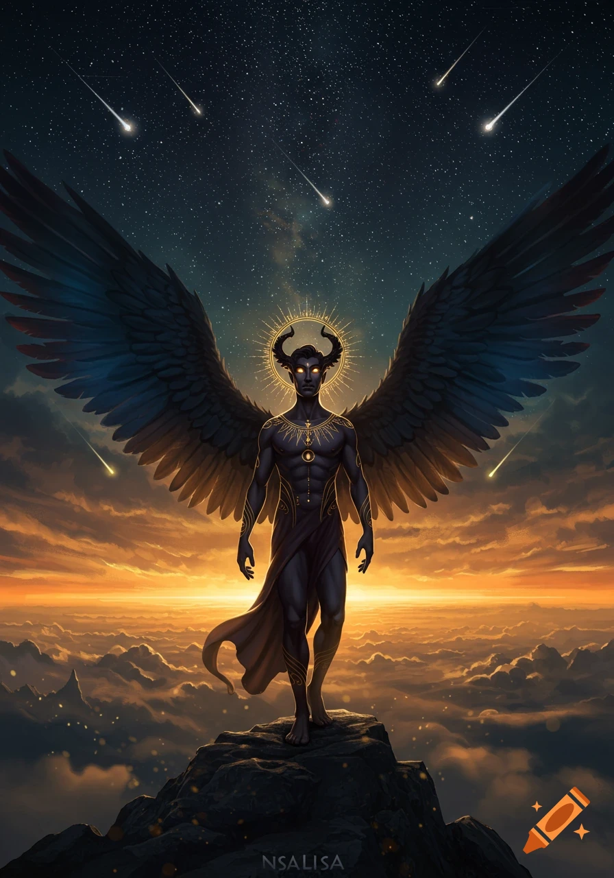 Fantasy art of a winged, horned figure with glowing eyes and golden ...