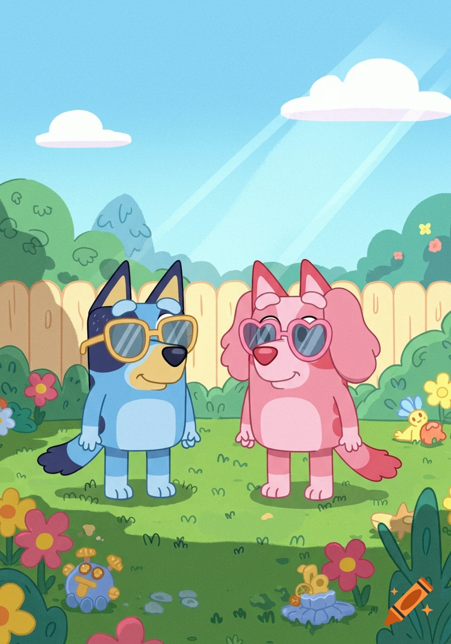 Blue cartoon dog and pink cartoon dog wearing sunglasses in a sunny green garden with flowers.