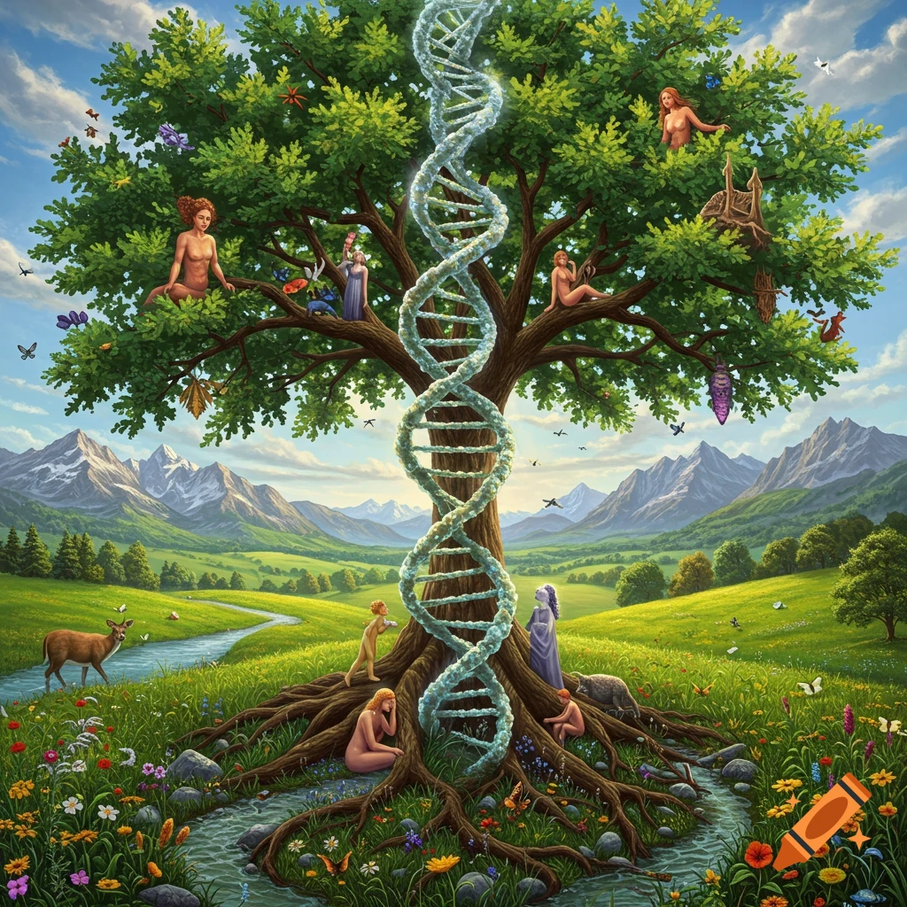 Vibrant fantasy art of a large tree with a glowing DNA helix as its ...