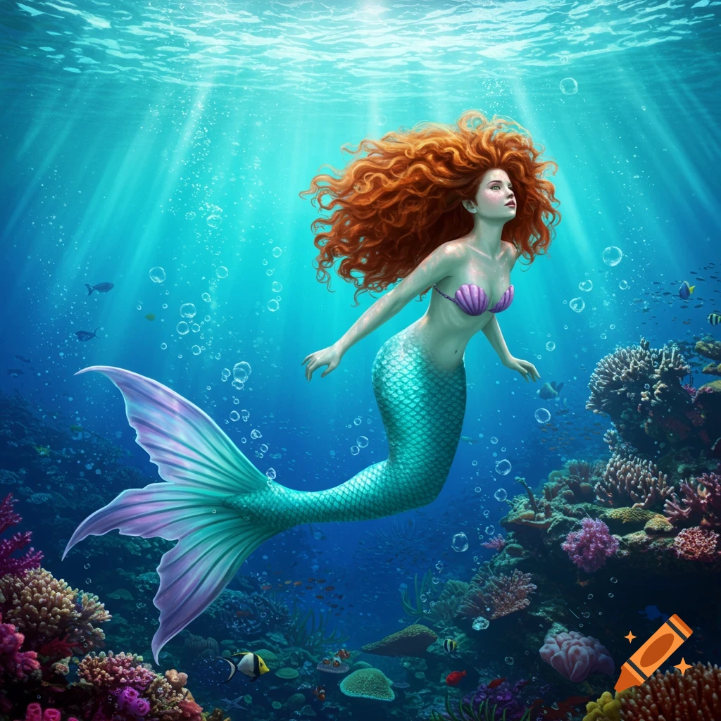 A beautiful mermaid with bright ginger curly hair and a teal tail swims underwater in a colorful coral reef, sunlight streaming from above.