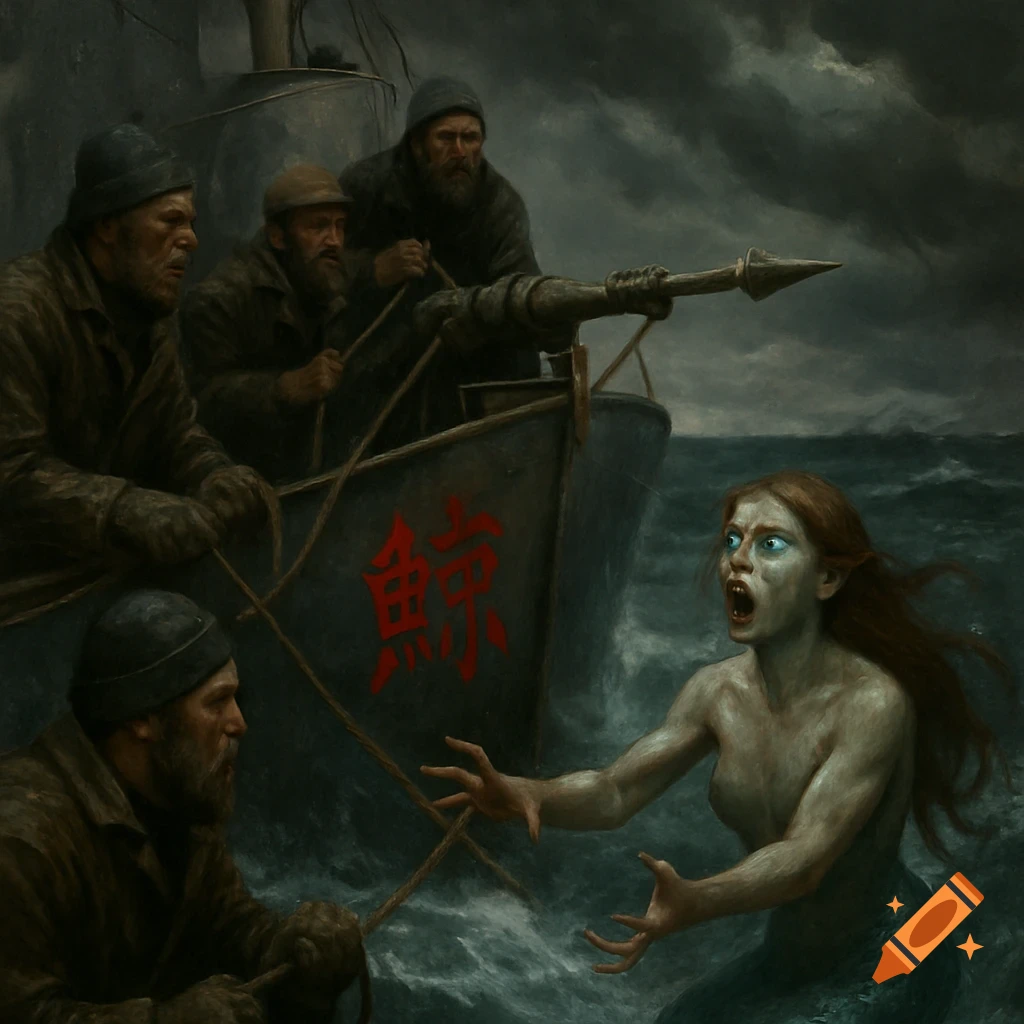 Dark painting of fishermen on a stormy sea in a whaling boat aiming a harpoon at a screaming mermaid.
