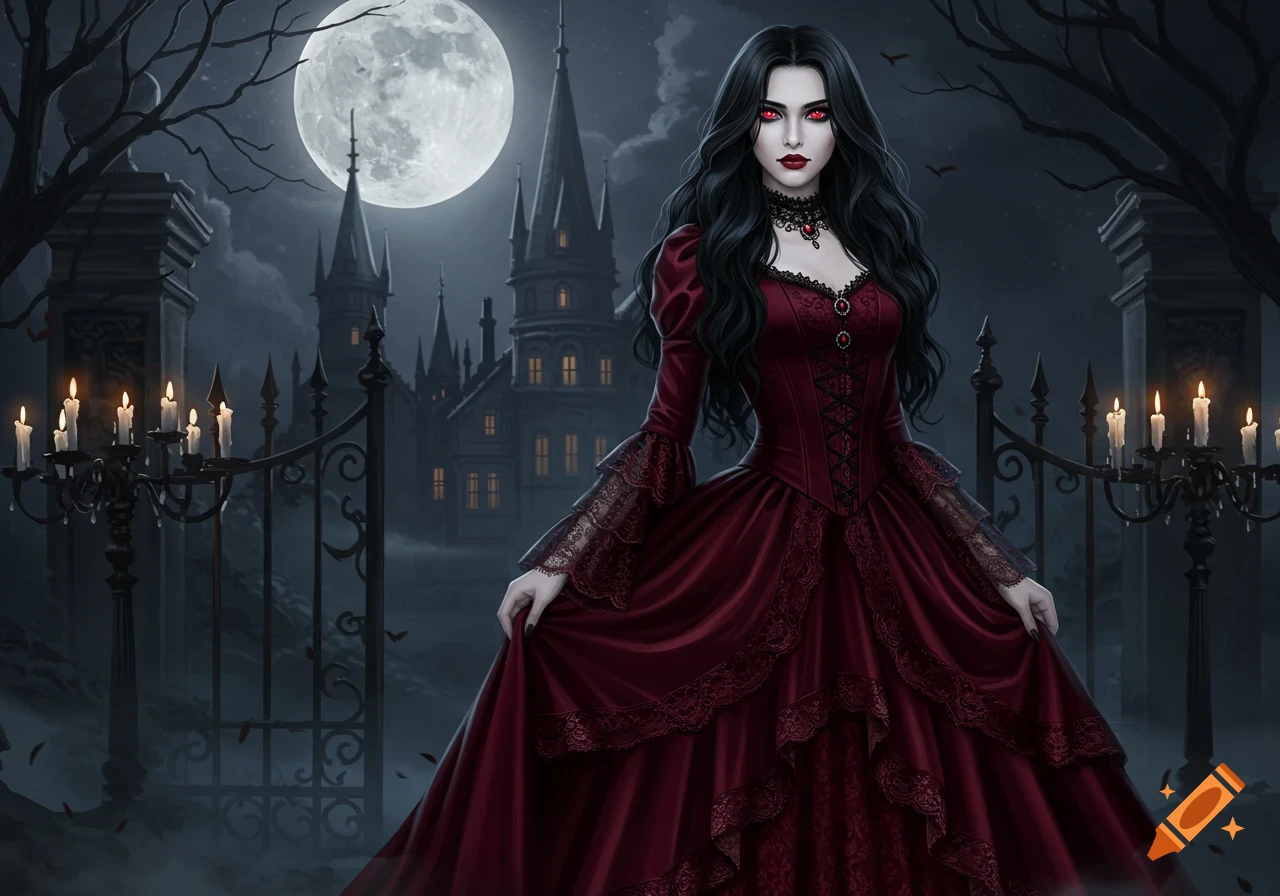 A gothic vampire woman in a long maroon dress stands at night in front of a castle under a full moon, digital art.