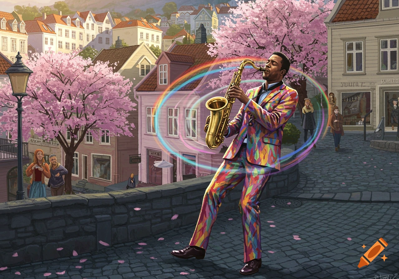 A man in a colorful suit plays saxophone on a cobblestone street with cherry blossoms and houses, rainbow swirls around the instrument.