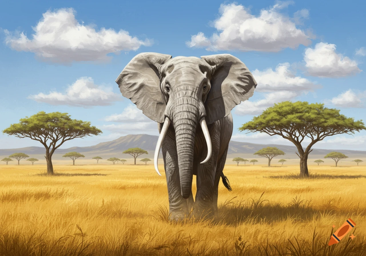 A large elephant with prominent tusks stands in a golden savanna with acacia trees and mountains under a blue sky, in a painterly style.