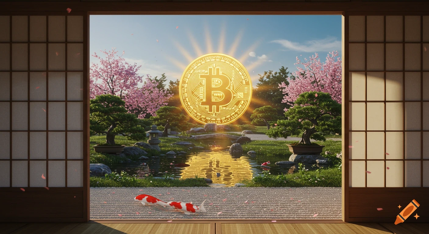 Photorealistic Japanese garden seen through open shoji doors, featuring a glowing golden Bitcoin symbol sunrise, cherry blossoms, a pond, and koi fish.