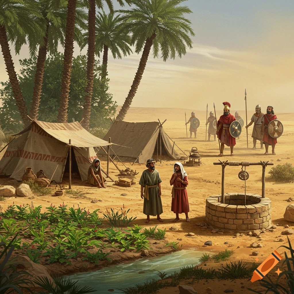 Ancient desert illustration: Mesopotamian farmers by tents, a well, and green plants, look fearful as armed soldiers approach.