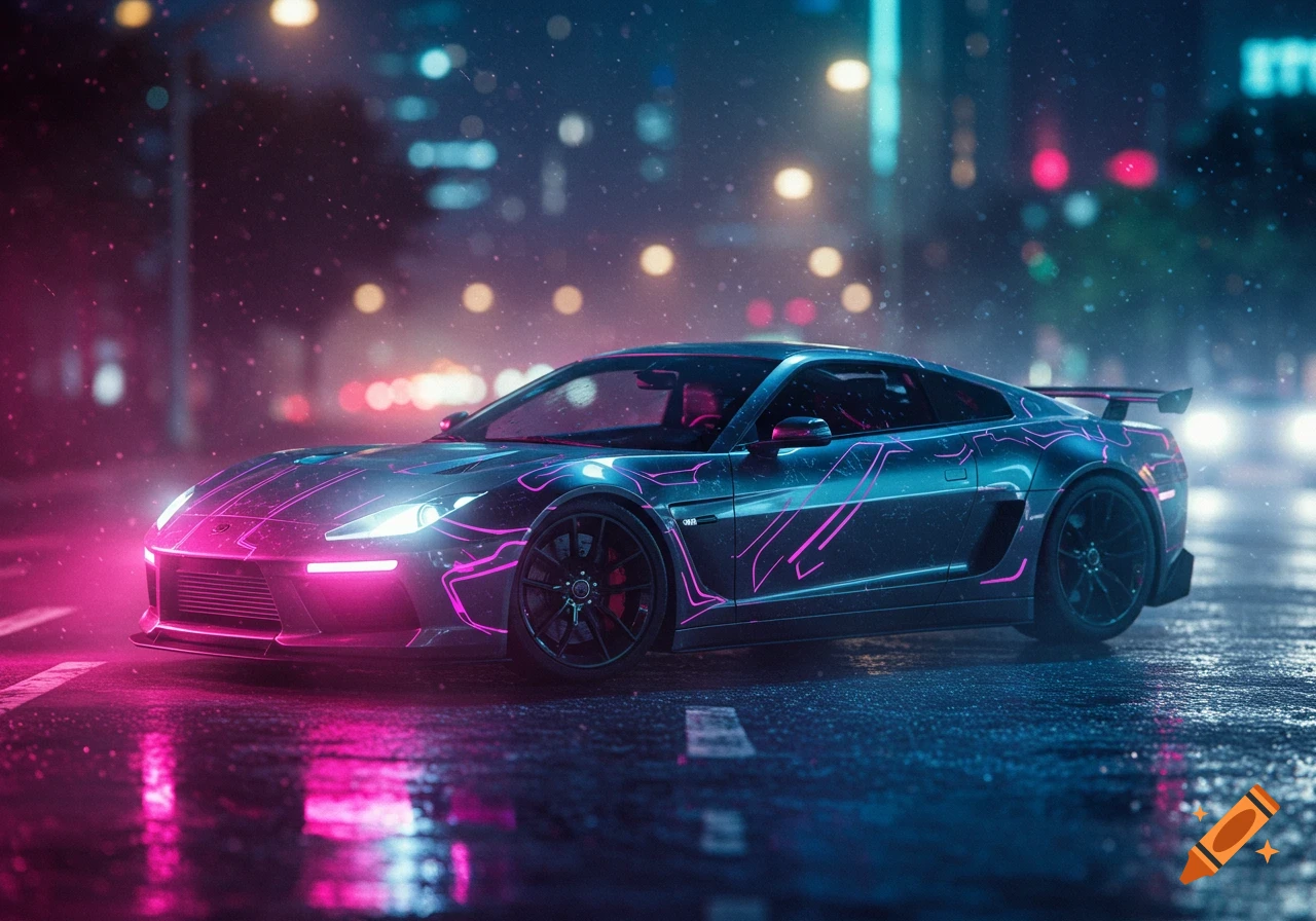 A futuristic black sports car with glowing pink and blue neon accents on a wet city street at night.