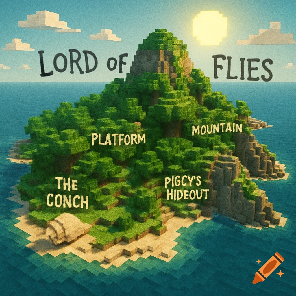 A Minecraft-style island map labeled with locations from "Lord of the Flies", including "The Conch" on a beach and "Pigcy's Hideout" among the trees.