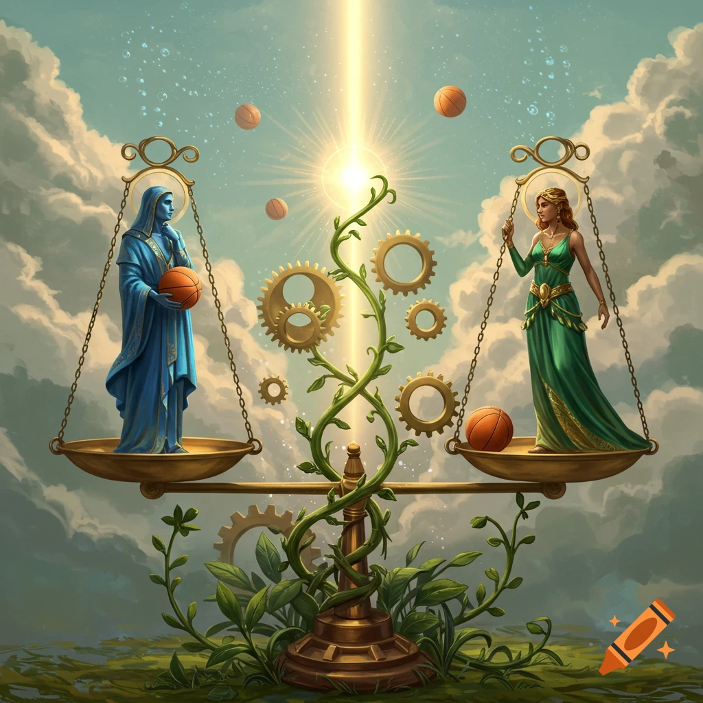 Two robed figures, one blue and one green, stand on a balanced scale with basketballs, surrounded by golden gears, green vines, and floating basketballs under a bright, cloudy sky.