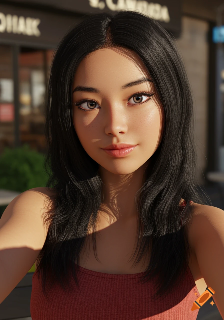 Realistic portrait of a young Korean-Canadian biracial woman with dark hair in a red tank top, taking a selfie outdoors.