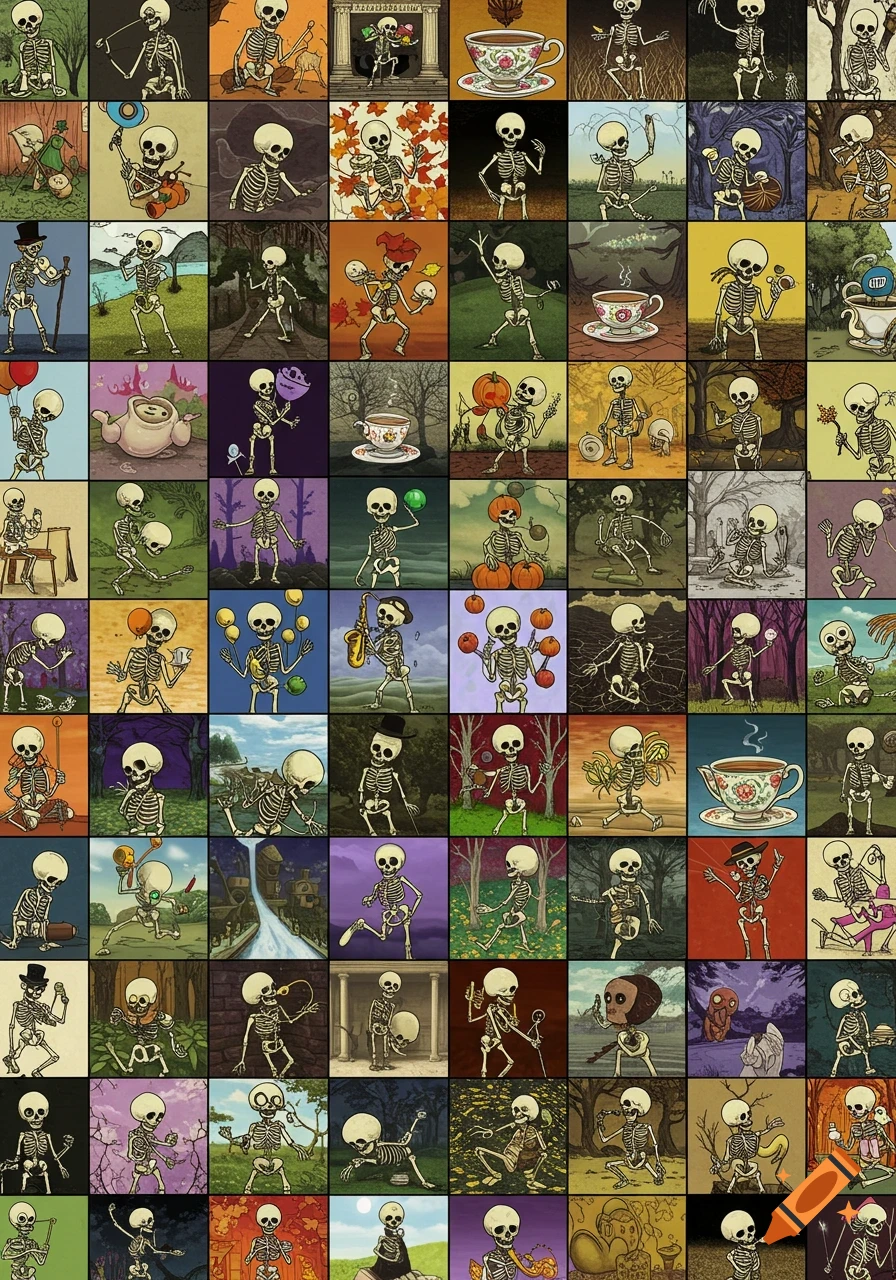 Grid of 100 colorful cartoon skeletons doing whimsical activities like dancing, playing instruments, and holding objects, set against simple backgrounds.