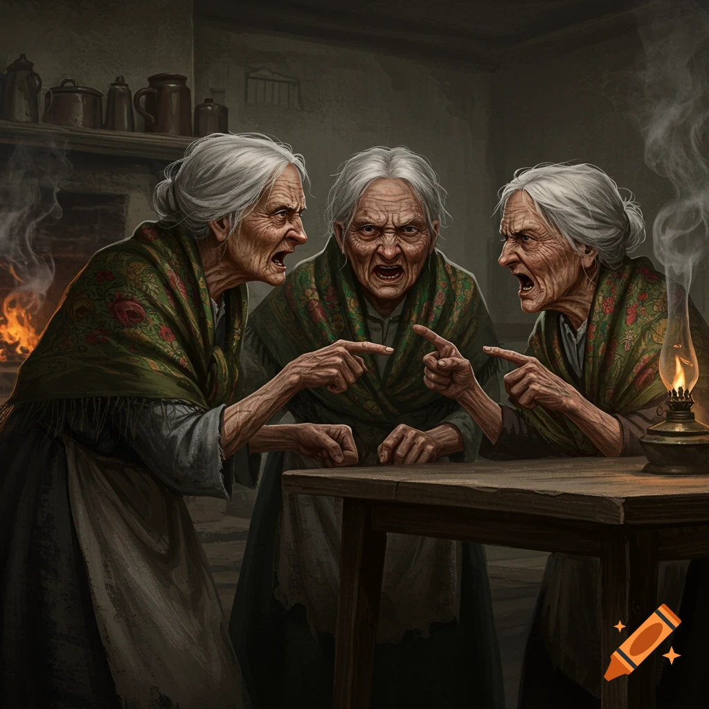 Three very old women with white hair angrily pointing and arguing around a rustic wooden table in a dimly lit room with a fireplace and oil lamp.