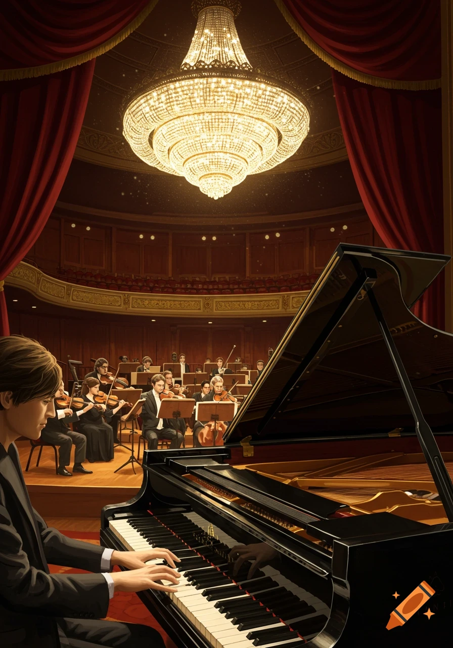 A pianist plays a grand piano on stage, with an orchestra behind them, in an ornate concert hall with a large chandelier.
