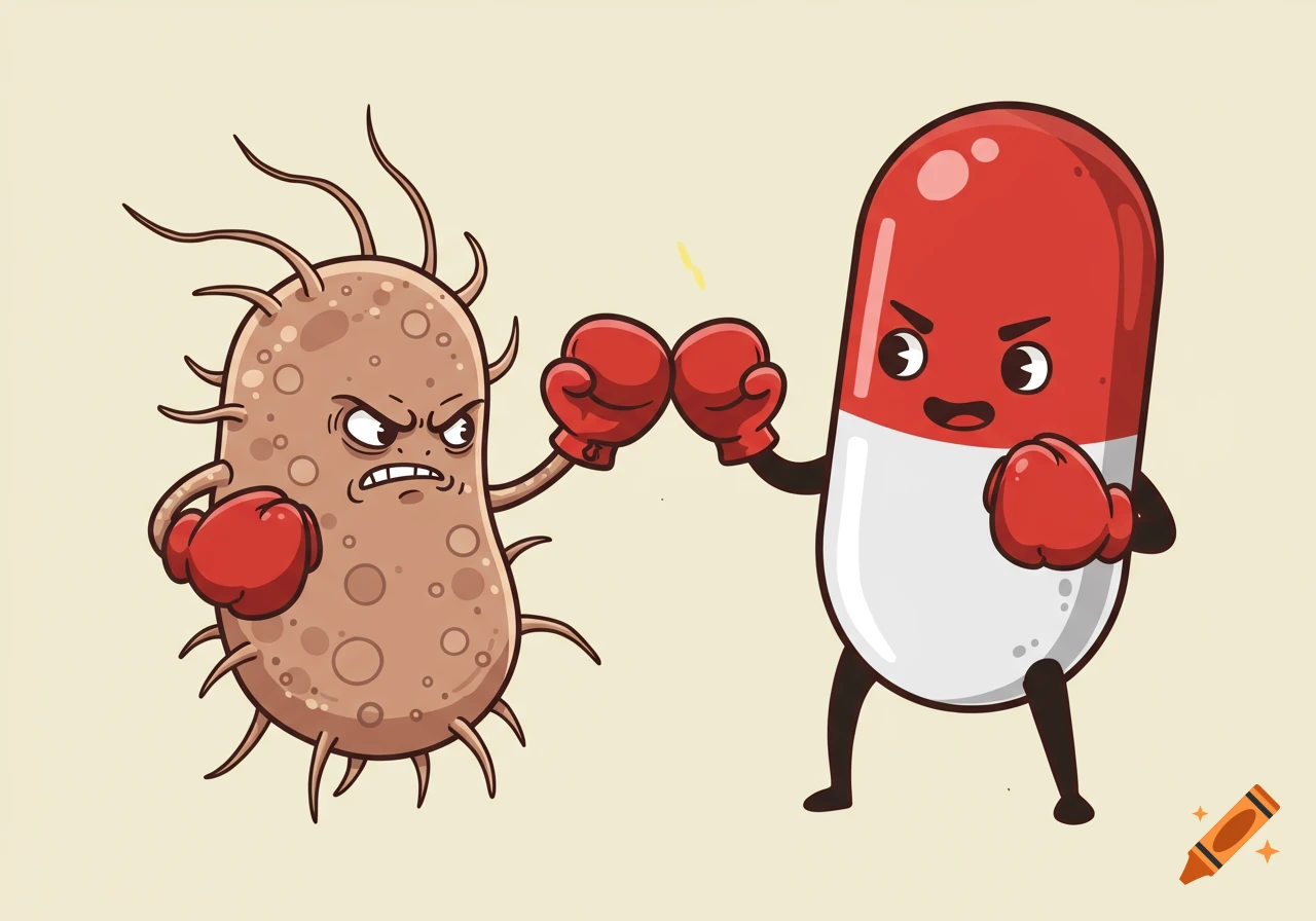 Cartoon bacteria with boxing gloves fighting a red and white pill with a smiling face on a light background.