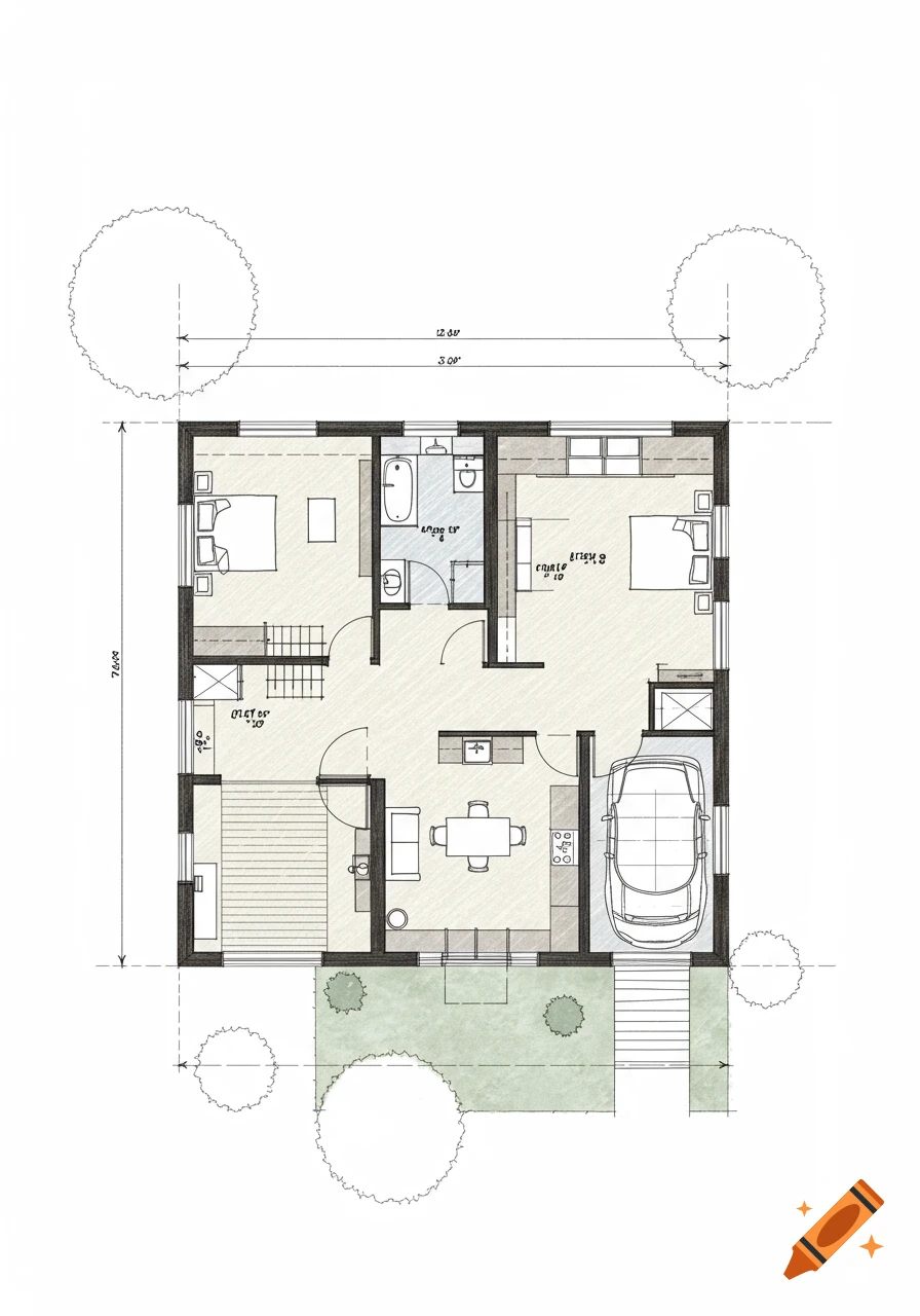 A hand-drawn blueprint of a single-story house featuring a car in a garage, three bedrooms, two bathrooms, kitchen, and living room.
