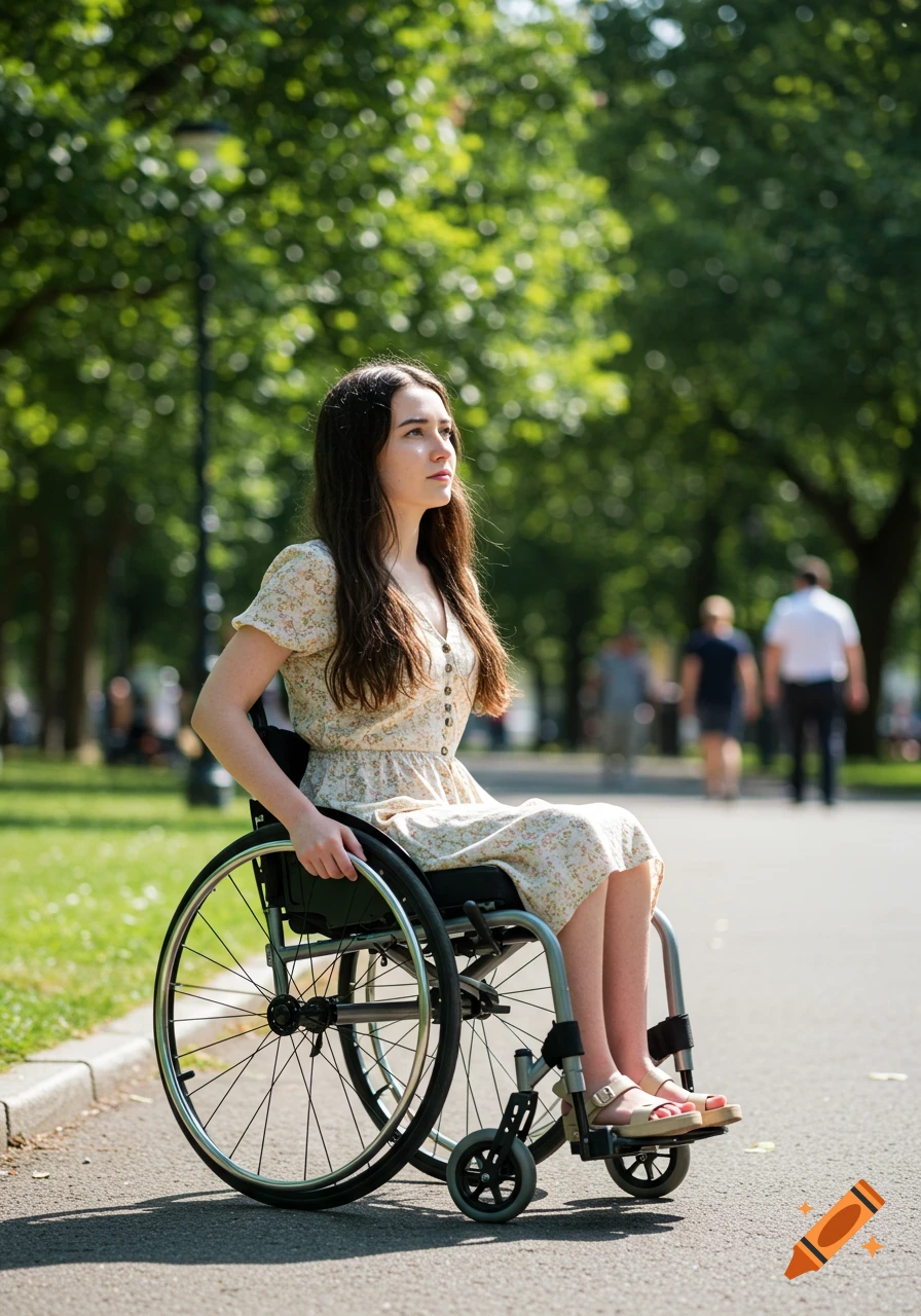 A young woman with long dark hair sits in a wheelchair in a park on a sunny day, looking forward. Photorealistic style.