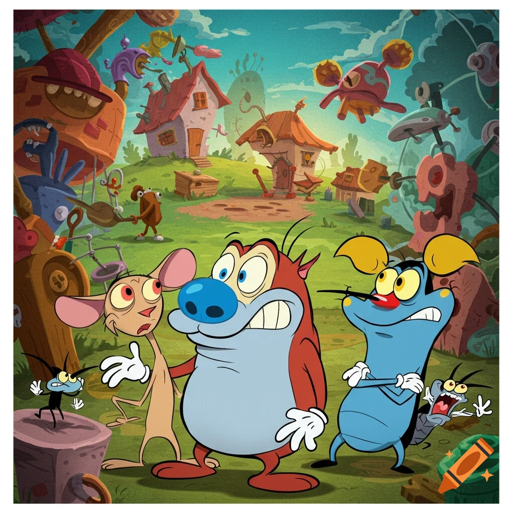 Ren, Stimpy, Oggy, and three cockroaches in a vibrant cartoon landscape with whimsical houses and machinery.