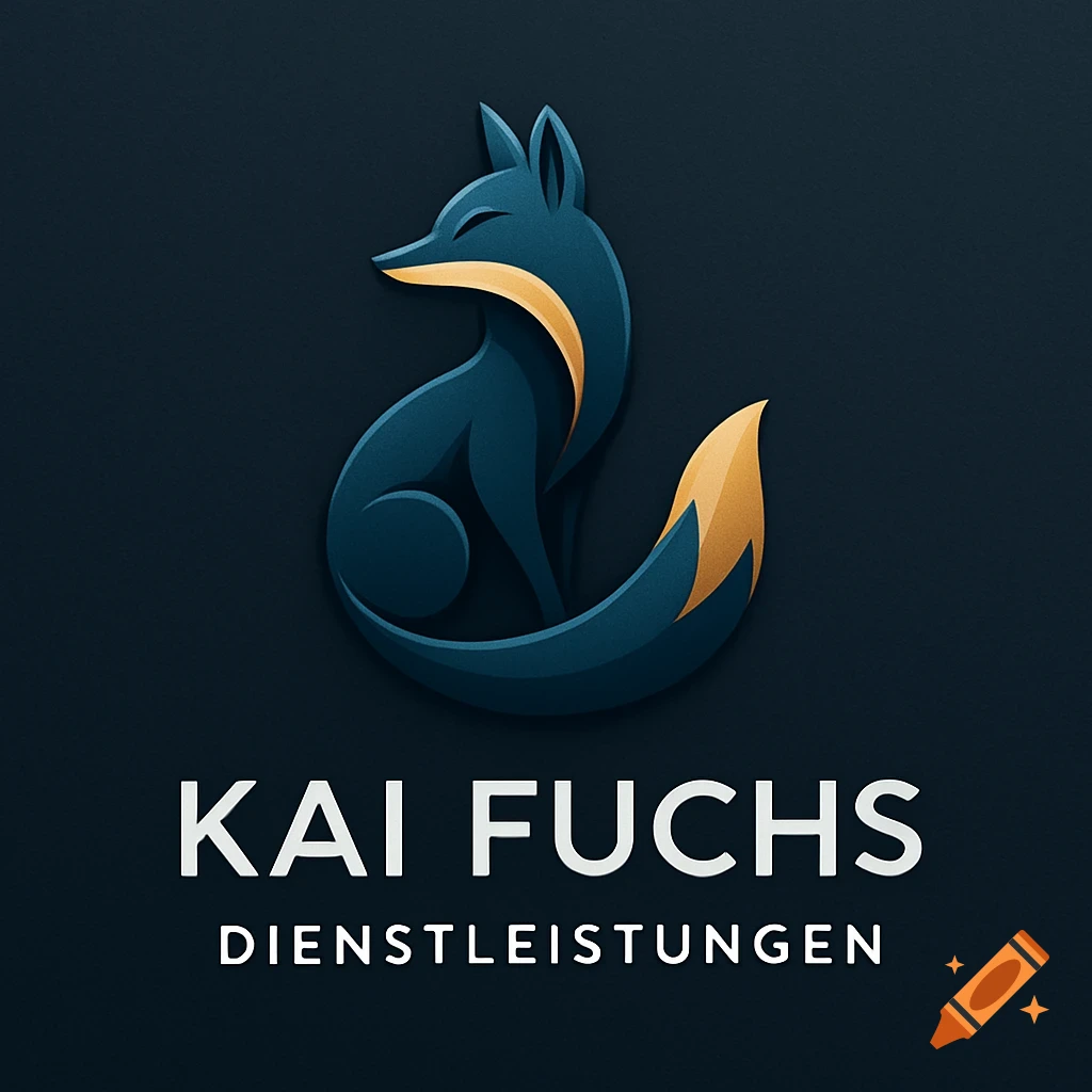 A stylized blue and gold fox logo with the text 'KAI FUCHS DIENSTLEISTUNGEN' on a dark background.