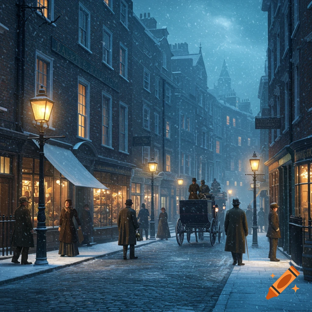 Photorealistic scene of a snowy Victorian London street at dusk, with gas lamps illuminating brick buildings, pedestrians, and a horse-drawn carriage.