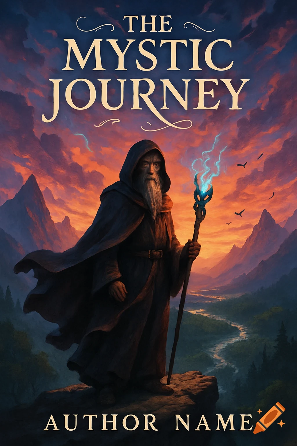 A wizard in a dark robe stands on a cliff with a glowing staff, overlooking a mountain valley at sunset. Text: 'The Mystic Journey'.