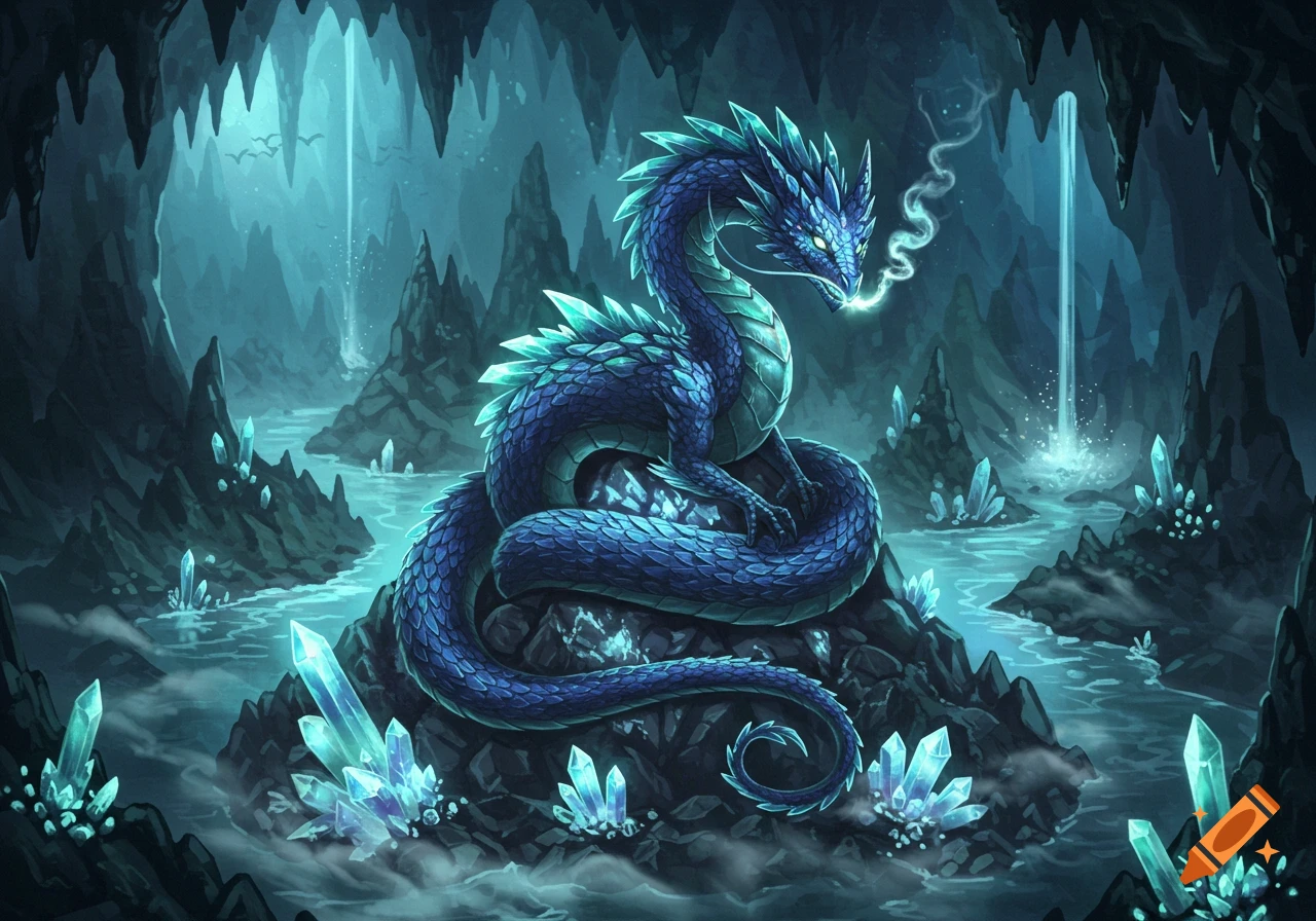 A majestic blue dragon with glowing eyes coils on a rock in a dark, turquoise-lit fantasy cave filled with glowing crystals and a river.